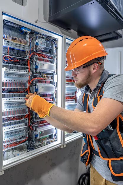Electrician in a hard hat working on a breaker panel