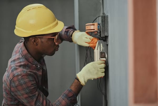 Technician repairing an electrical outlet